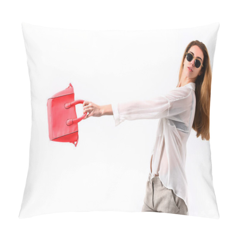 Personality  Girl In Sunglasses With Happy Face Isolated On White Background Pillow Covers