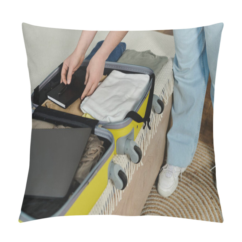 Personality  A Young Woman Prepares For A Vacation, Standing Over A Chic Yellow And Gray Suitcase. Pillow Covers