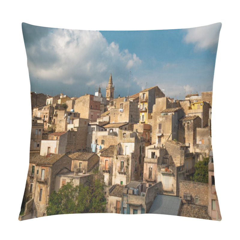 Personality  Authentic View Of A Sicilian Village Showcasing Unique Architecture Under A Cloudy Sky. Pillow Covers