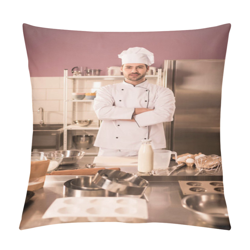 Personality  Young Confectioner With Arms Crossed Standing At Counter In Restaurant Kitchen Pillow Covers