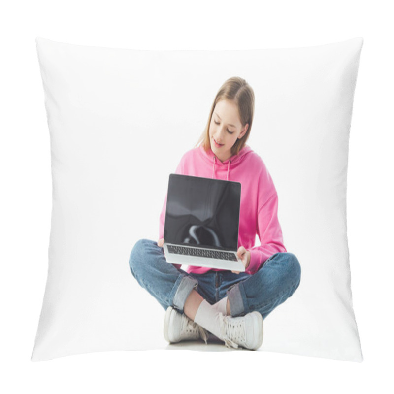 Personality  Smiling Teenage Girl Holding Laptop With Blank Screen Isolated On White, Illustrative Editorial Pillow Covers