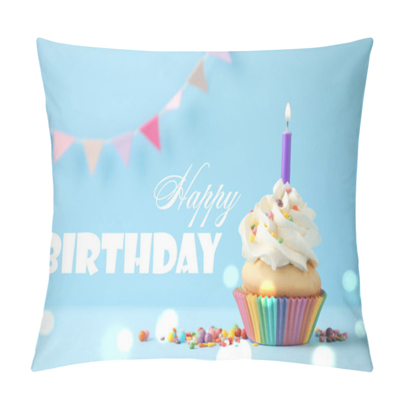 Personality  Delicious Birthday Cupcake With Candle On Light Blue Background. Pillow Covers