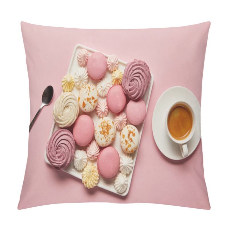 Personality  Top View Of  Meringues And Macaroons On Square Dish With Spoon And Cup Of Tea On Pink Background Pillow Covers