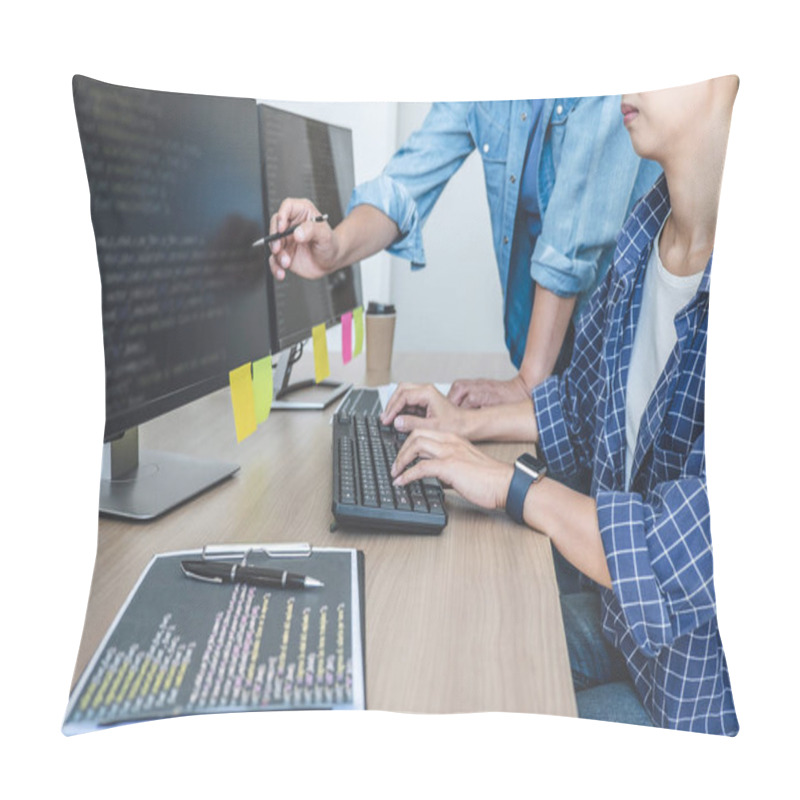 Personality  Writing Codes And Typing Data Code Technology, Two Professional Programmer Cooperating Working On Web Site Project In A Software Developing On Desktop Computer At Company. Pillow Covers