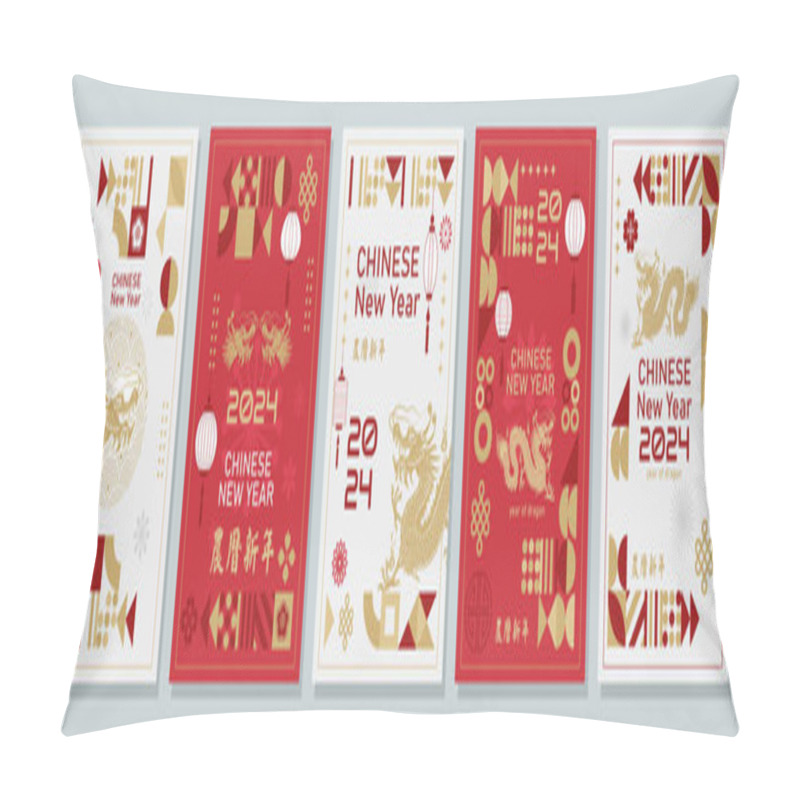 Personality  Modern Art Chinese New Year 2024 Design Set In Red, Gold And White Colors For Cover, Card, Poster, Banner Pillow Covers