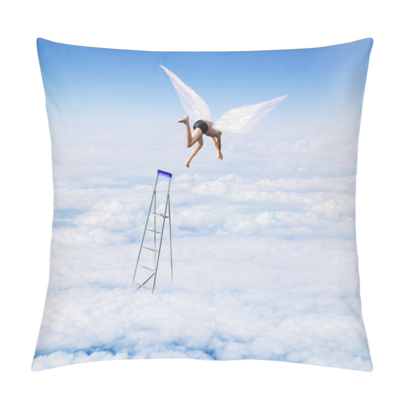 Personality  Boy With Angel Wings Flying, Jumping From The Stairs In The Sky  Pillow Covers