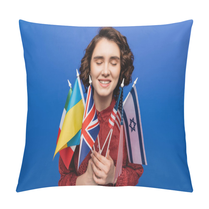 Personality  Inspired Woman With Closed Eyes Holding Flags Of Different Countries Isolated On Blue Pillow Covers