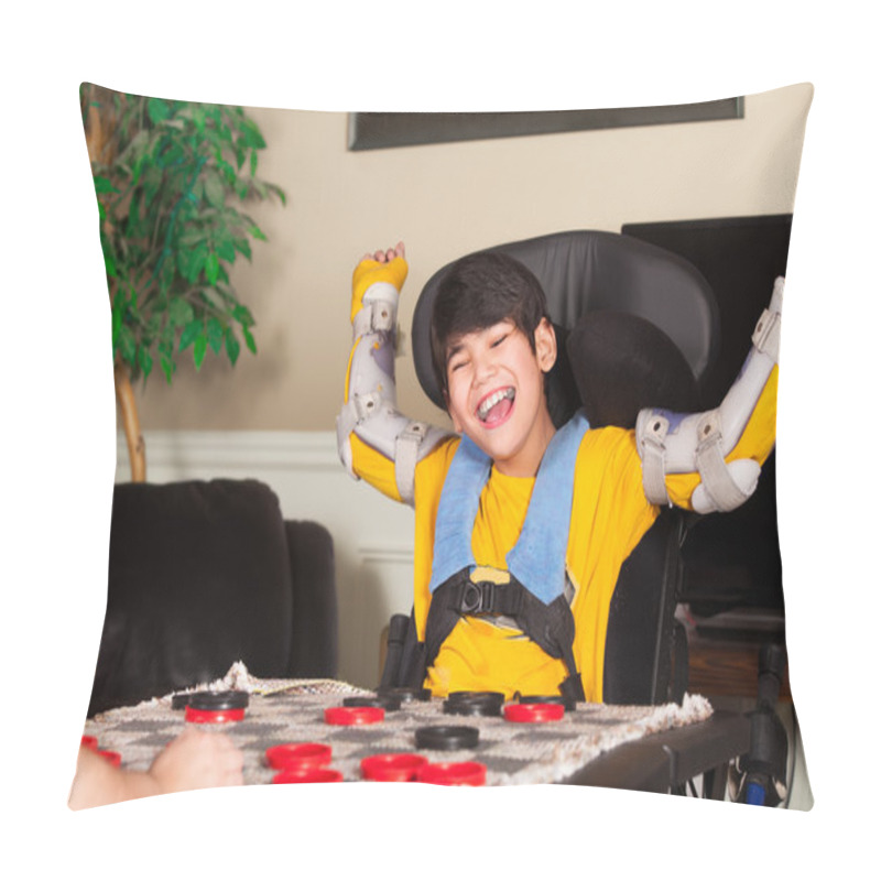 Personality  Young Disabled Boy In Wheelchair Playing Checkers Pillow Covers