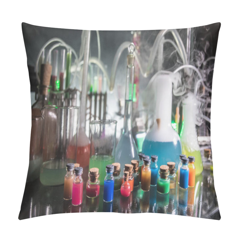 Personality  Pharmacy And Chemistry Theme. Test Glass Flask With Solution In Research Laboratory. Science And Medical Background. Laboratory Test Tubes On Dark Toned Background , Science Research Equipment Concept Pillow Covers