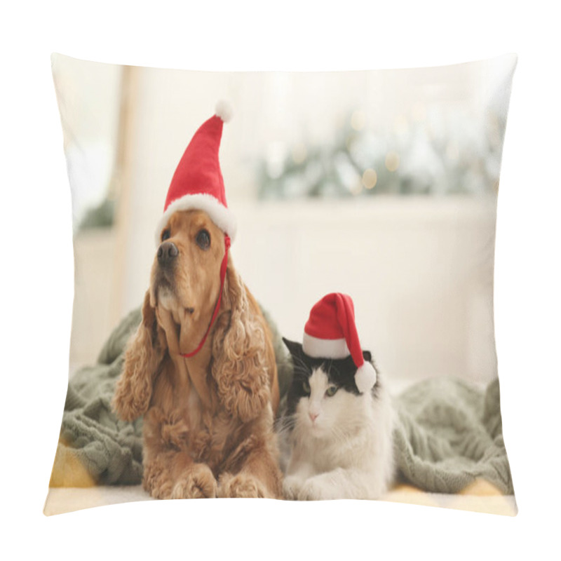 Personality  Adorable Cocker Spaniel Dog And Cat In Santa Hats Indoors Pillow Covers