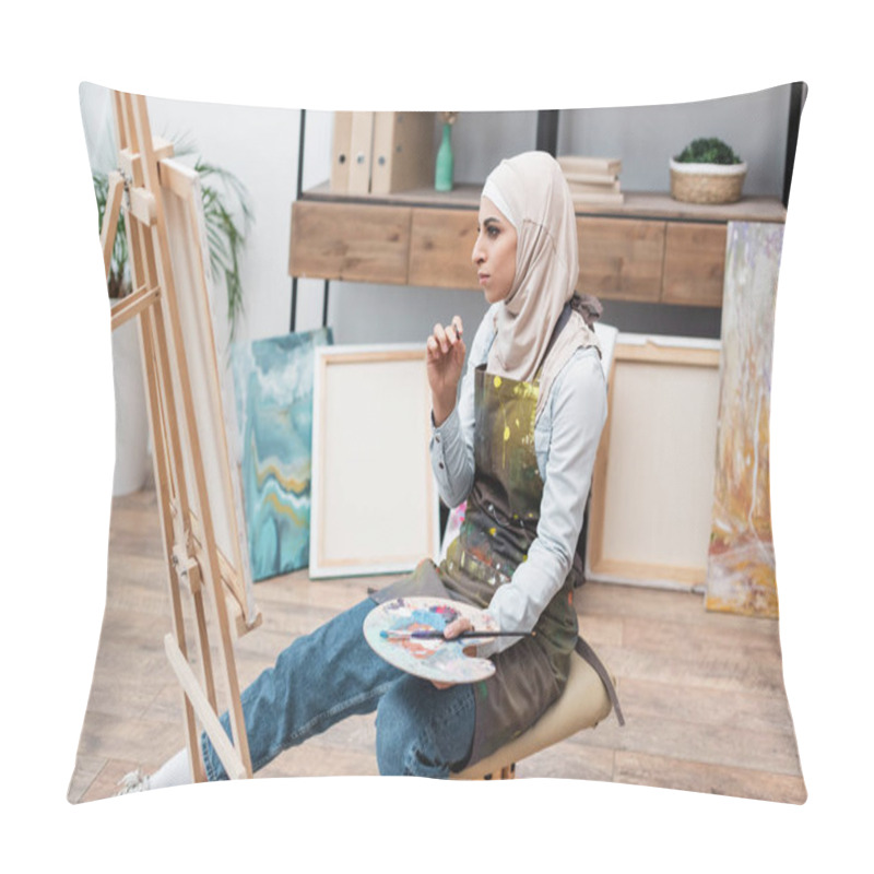 Personality  Muslim Woman With Palette Sitting Near Easel In Home Studio Pillow Covers