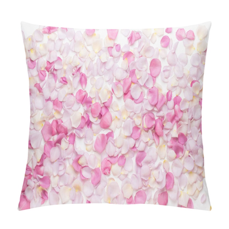 Personality  Pink Rose Flowers Petals On White Background. Flat Lay, Top View Pillow Covers