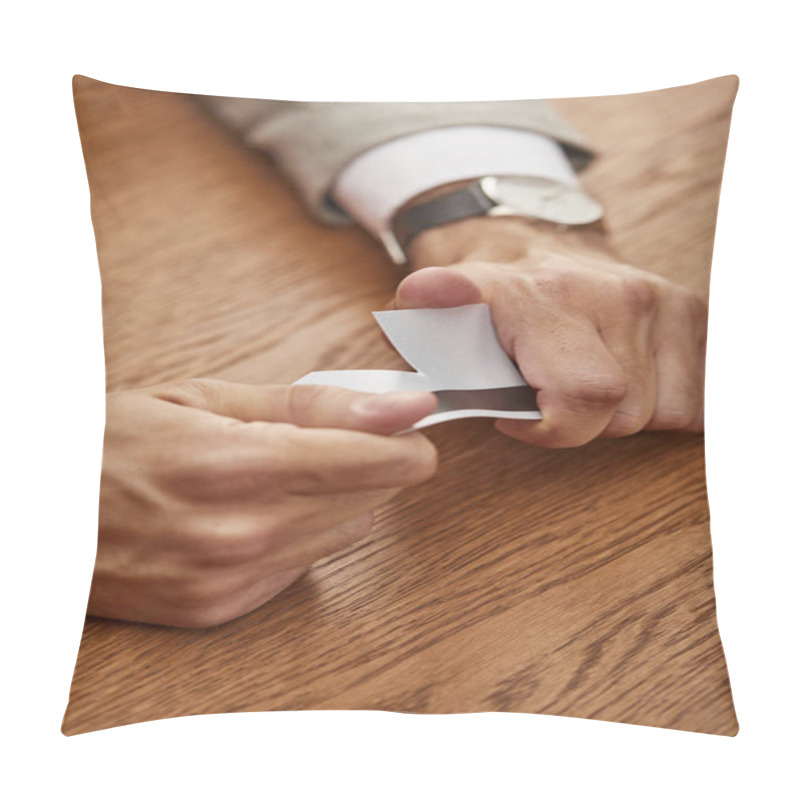 Personality  Partial View Of Businessman Breaking Credit Card At Wooden Table  Pillow Covers