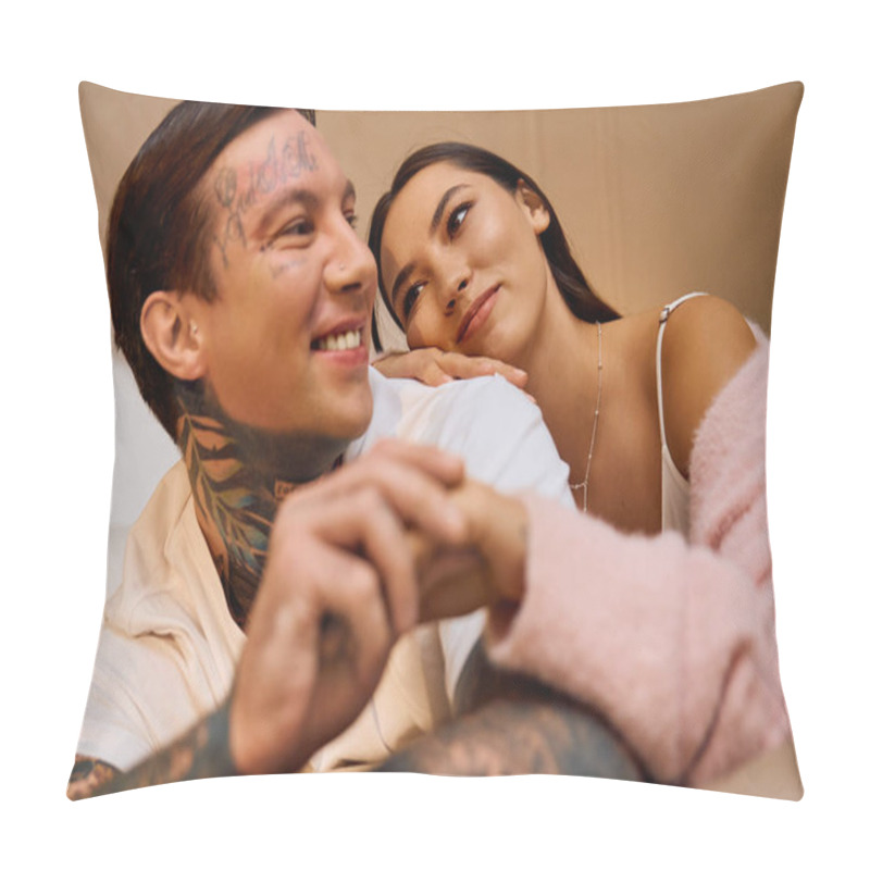 Personality  Young Couple Enjoys Each Others Company While Embracing In A Comfortable Indoor Space. Pillow Covers