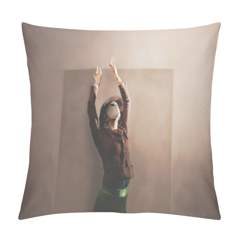 Personality  Surreal Woman With Mask Dancing In Harmony With Herself, Abstract Concept Pillow Covers