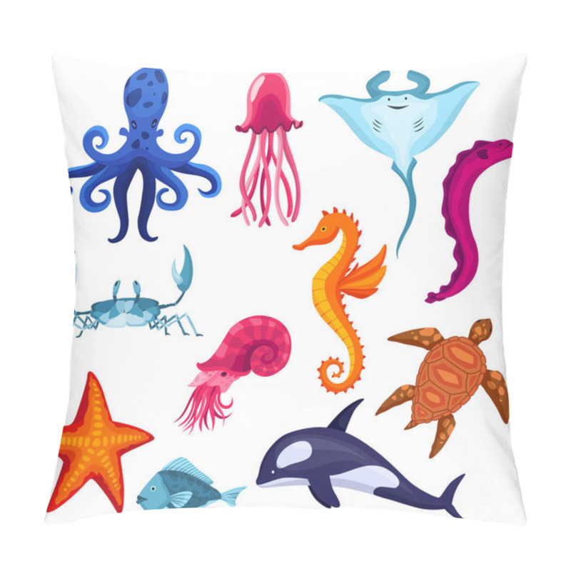 Personality  Collection Sea And Ocean Animals. Set Of Fauna Characters - Fishes Marine Creatures And Others In Flat Cartoon Style. Vector Cute Colorful Objects Isolated On White Background Pillow Covers