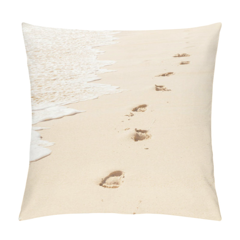 Personality  Imprint Of Human Feet On The Beach Sand Near The Water Shore  Pillow Covers