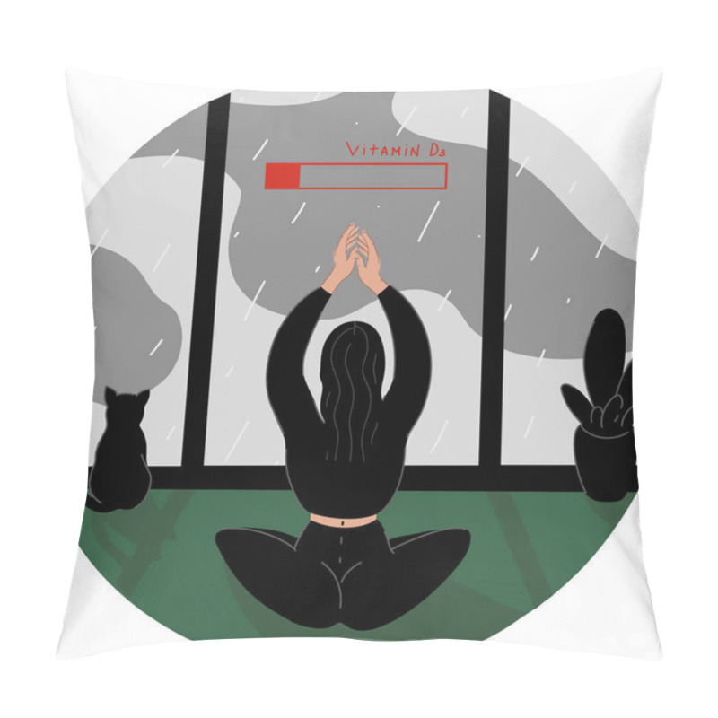 Personality  Illustration Of Woman Practicing Yoga Near Battery With Vitamin D Lettering In Rainy Day Pillow Covers