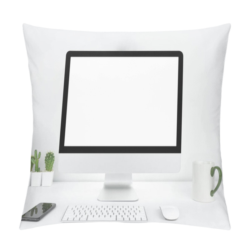 Personality  Computer With Blank White Copy Space For Text, Mockup Design Desktop Computer In Office On White Table With Keyboard And Coffee Cub, Work Place Concept, Cactus In Pot. Pillow Covers