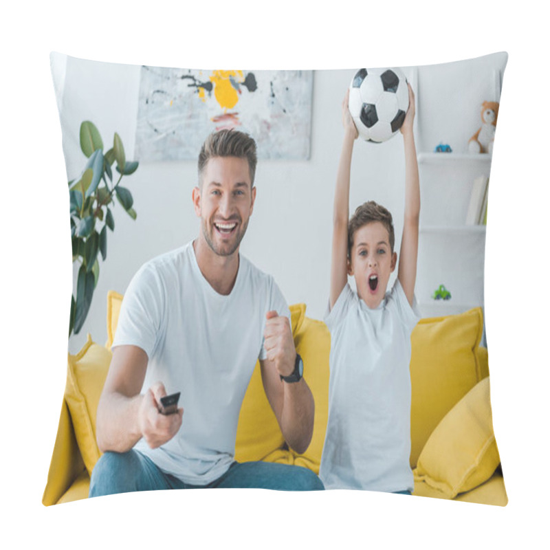 Personality  Cheerful Father Holding Remote Controller Near Son With Football Above Head  Pillow Covers