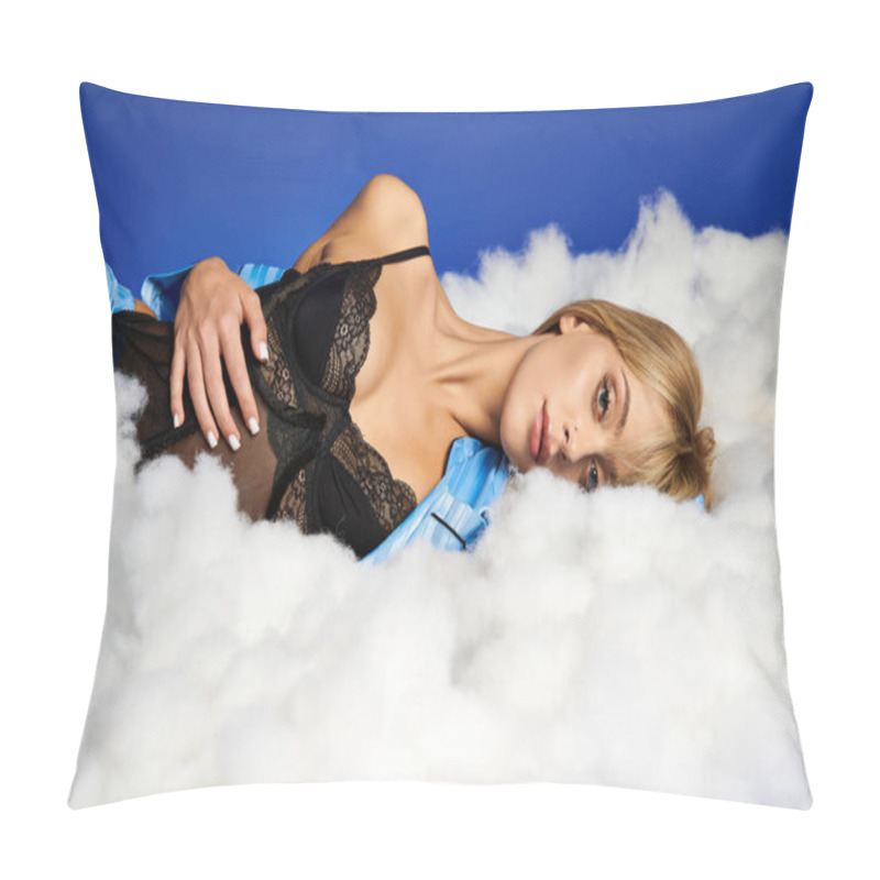 Personality  A Captivating Blonde Woman In Vibrant Attire Lounges On A Heap Of White Fluffy Clouds Against A Blue Sky Backdrop. Pillow Covers