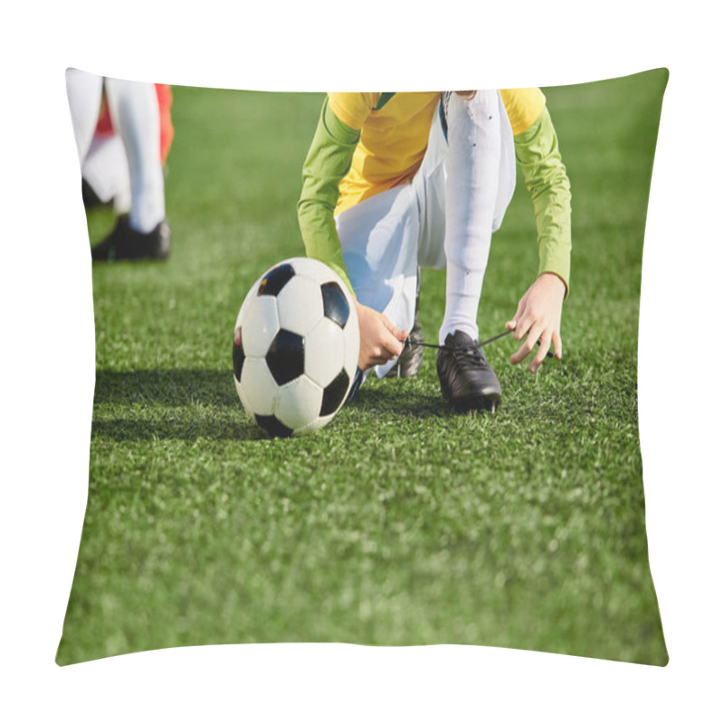 Personality  A Young Girl With Pigtails Kneels Down In A Field, Reaching Out To Pick Up A Soccer Ball With Colorful Patterns On It. Pillow Covers