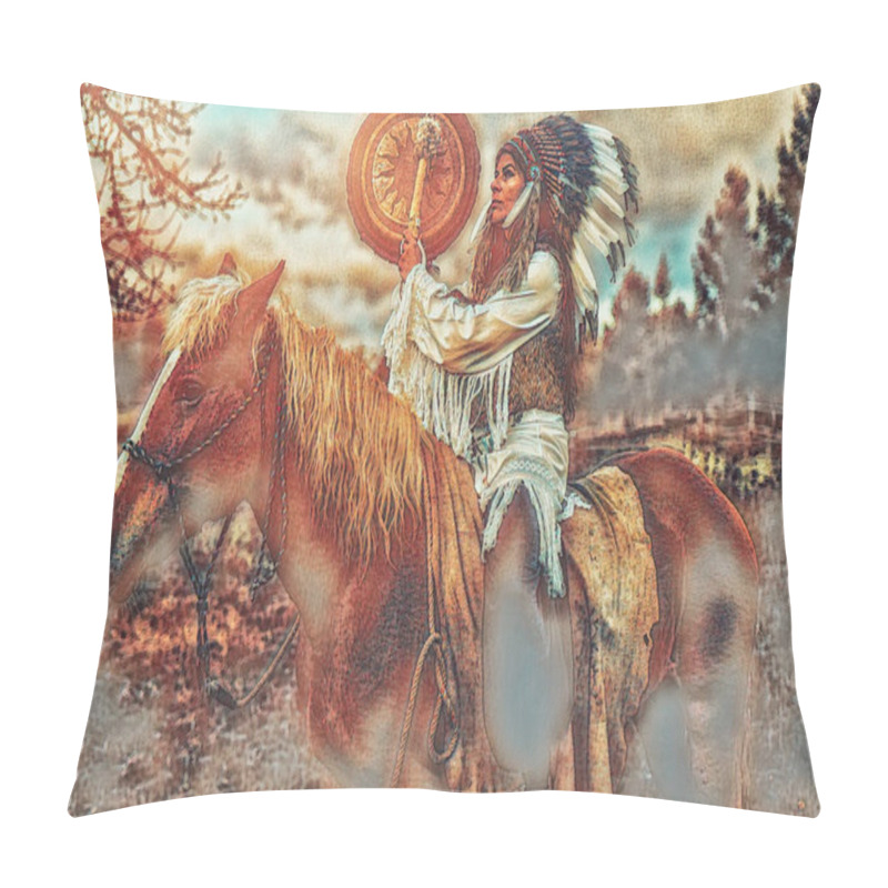 Personality  Shaman Woman In Landscape With Her Horse. Painting Effect. Pillow Covers