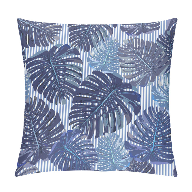 Personality  Blue Tropical Leaves Seamless Pattern On Strips Background. Vect Pillow Covers