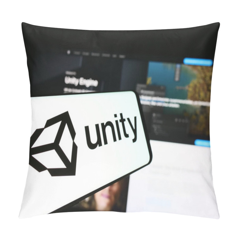 Personality  Stuttgart, Germany - 08-09-2024: Mobile Phone With Logo Of American Video Games Company Unity Software Inc. In Front Of Business Website. Focus On Center-left Of Phone Display. Pillow Covers