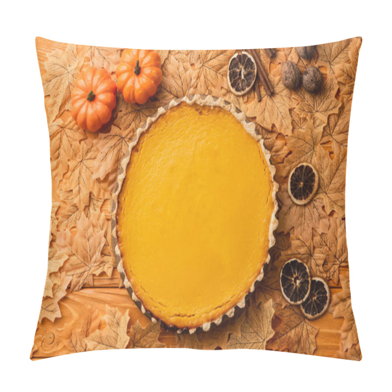 Personality  Top View Of Pumpkin Pie With Autumnal Decoration On Wooden Background Pillow Covers