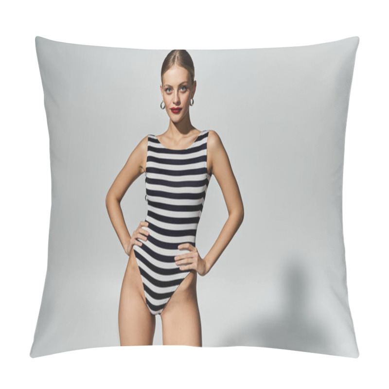 Personality  Stylish Woman Striking A Pose In A Black And White Striped Swimsuit. Pillow Covers