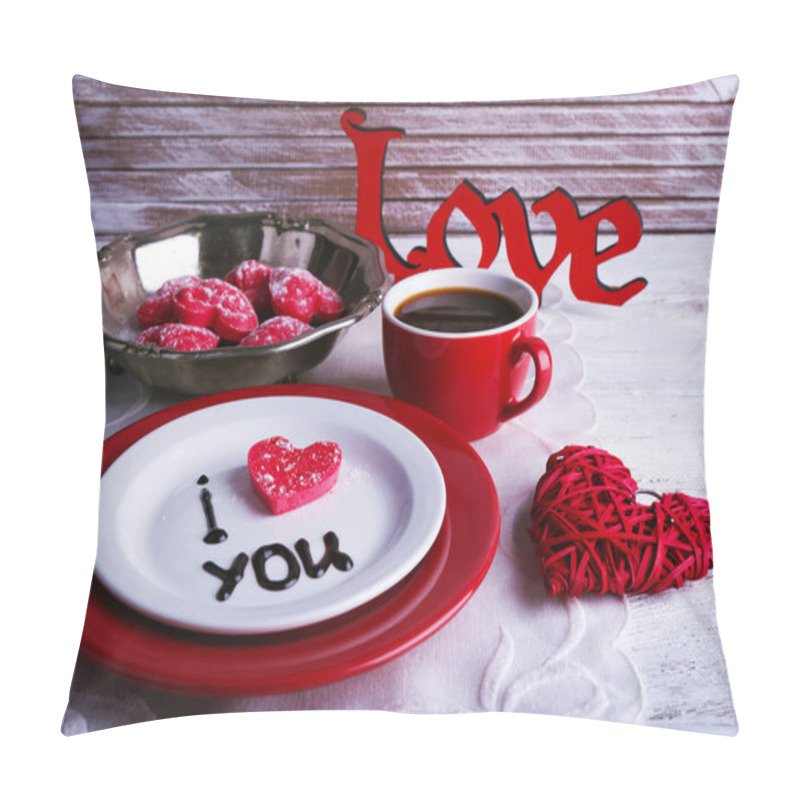 Personality  Cookie In Form Of Heart On Plate With Inscription I Love You On Color Wooden Table Background Pillow Covers