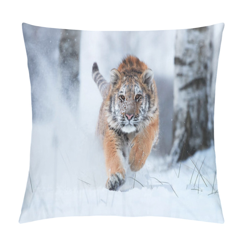 Personality  Siberian Tiger, Panthera Tigris Altaica, Male With Snow In Fur, Running Directly At Camera In Deep Snow. Attacking Predator In Action. Taiga Environment, Freezing Cold, Winter. Pillow Covers