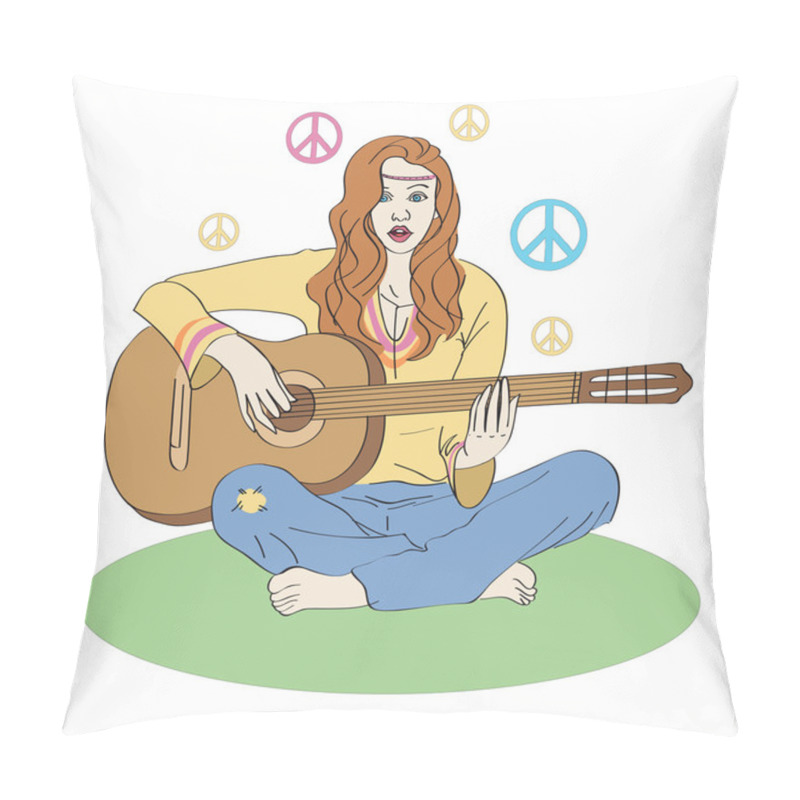 Personality  Hippie Girl With Guitar. Pillow Covers