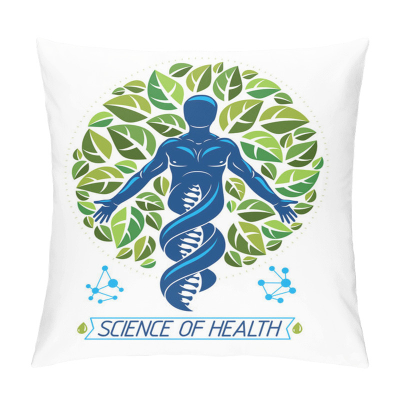 Personality  Vector Graphic Illustration Of Muscular Human Depicted As DNA Symbol Continuation And Created With Ecology Tree Leaves. Green Thinking Technology Innovations, Ecology Conservation Concept. Pillow Covers