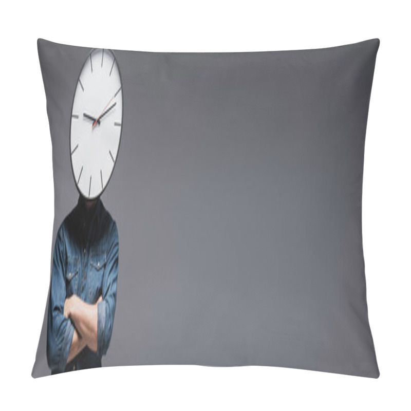 Personality  Panoramic Shot Of Man With Clock On Head With Crossed Arms On Grey Background, Concept Of Time Management  Pillow Covers