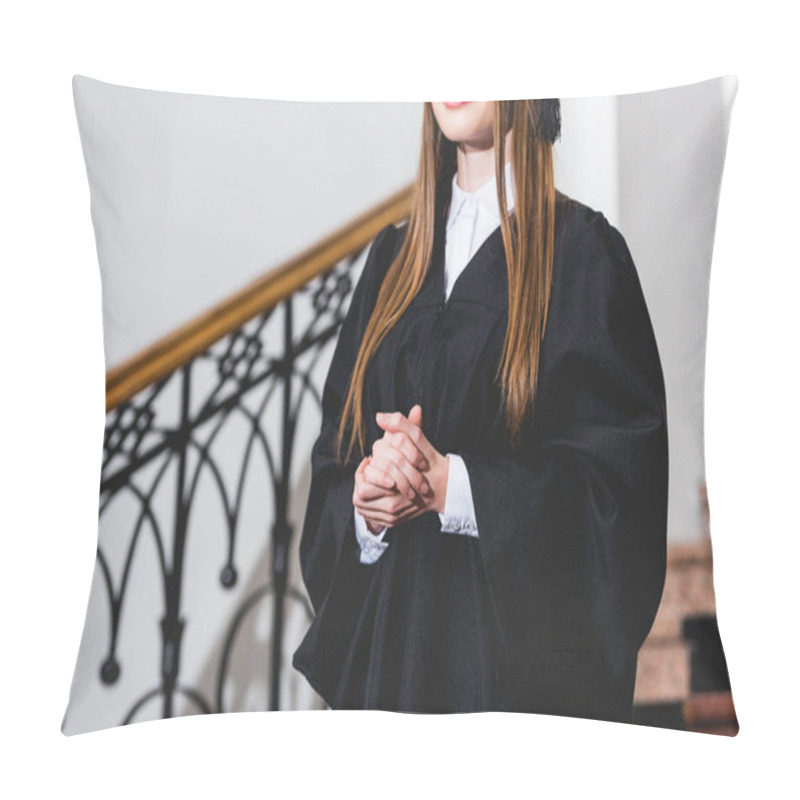 Personality  Cropped View Of Happy Young Woman Standing With Clenched Hands Pillow Covers