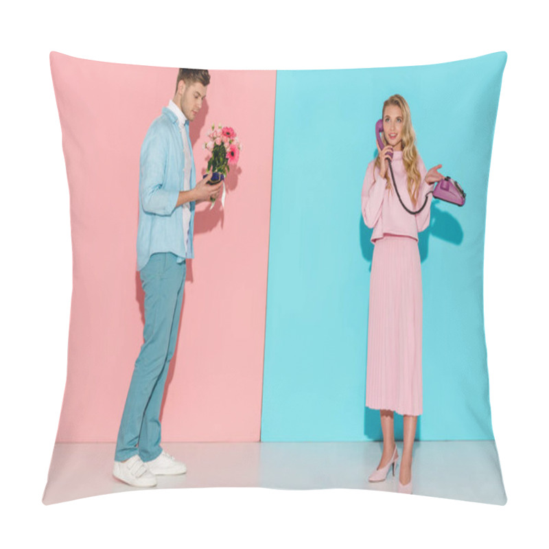 Personality  Man Holding Flower Bouquet And Gift Box While Woman Talking On Vintage Telephone With Pink And Blue Background Pillow Covers