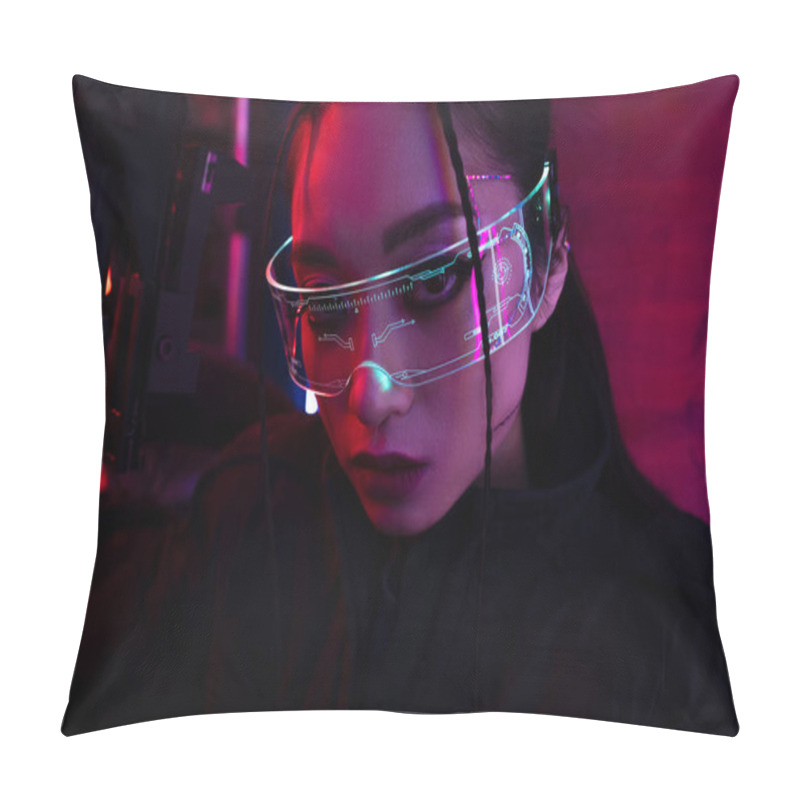 Personality  Brunette Asian Woman With Artificial Scar Holding Gun And Looking At Camera Pillow Covers