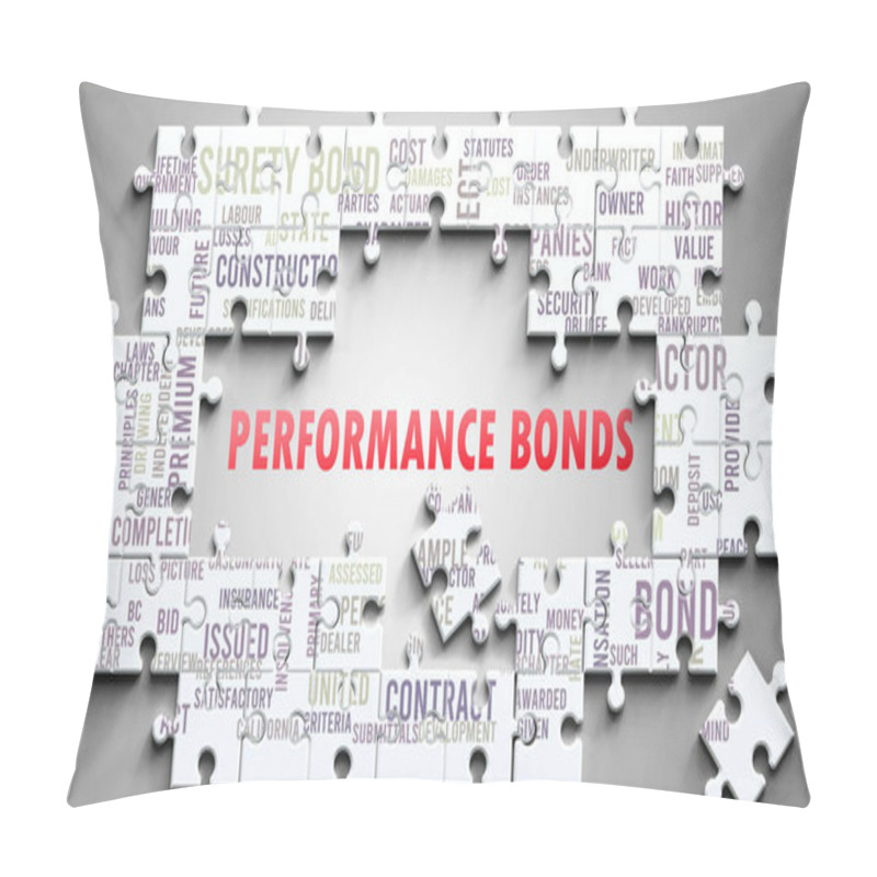 Personality  Performance Bonds As A Complex Subject, Related To Important Topics. Pictured As A Puzzle And A Word Cloud Made Of Most Important Ideas And Phrases Related To Performance Bonds. Pillow Covers