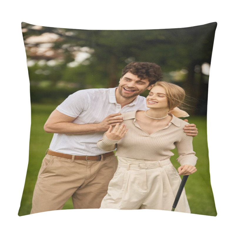 Personality  A Stylish Man And Woman Strike A Pose In A Picturesque Park Setting, Embodying Timeless Sophistication And Romance. Pillow Covers