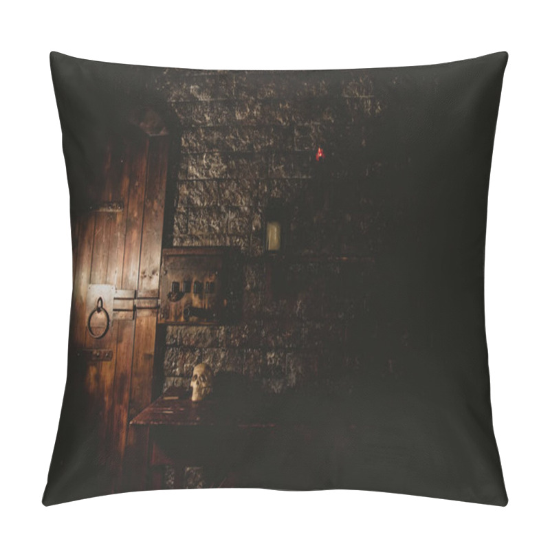 Personality  Mystical Dark Interior Of Medieval Room With Large Wooden Door And Skull On Table Against An Ancient Stone Wall. Amazing Background For Halloween Holiday. Copy Space, Text Place Pillow Covers