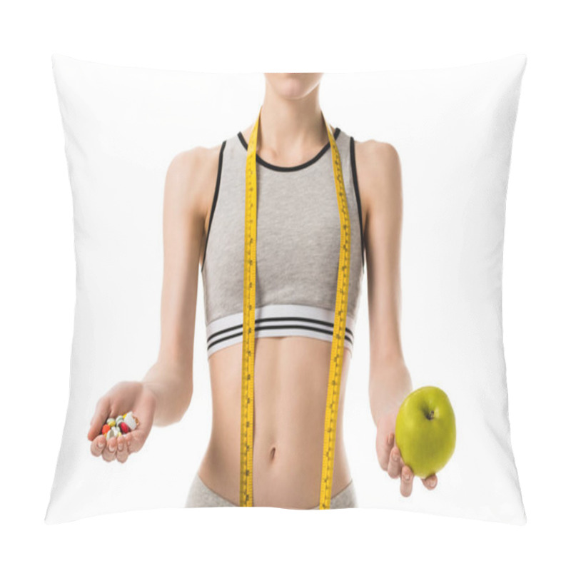 Personality  Cropped Shot Of Young Slim Woman Holding Fresh Apple And Pills Isolated On White Pillow Covers