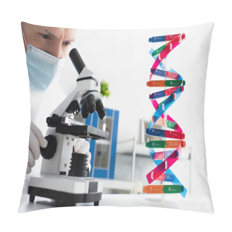 Personality  Middle Aged Geneticist In Medical Mask Looking In Microscope Near Dna Model Pillow Covers