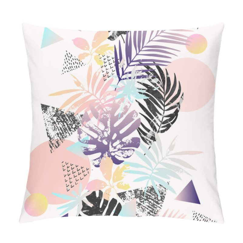 Personality  Modern Illustration With Tropical Leaves, Palm Tree, Marble, Grunge Textures, Doodles, Geometric, Minimal Elements. Pillow Covers