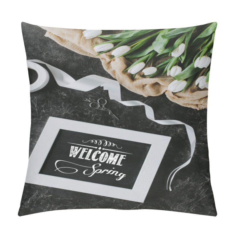 Personality  Top View Of White Tulips, Ribbon And WELCOME SPRING Inscription In Frame On Black Surface Pillow Covers