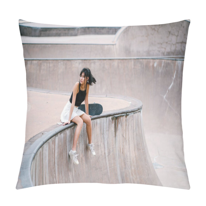 Personality  Portrait Of Asian Chinese Girl With Skate In Skatepark Pillow Covers