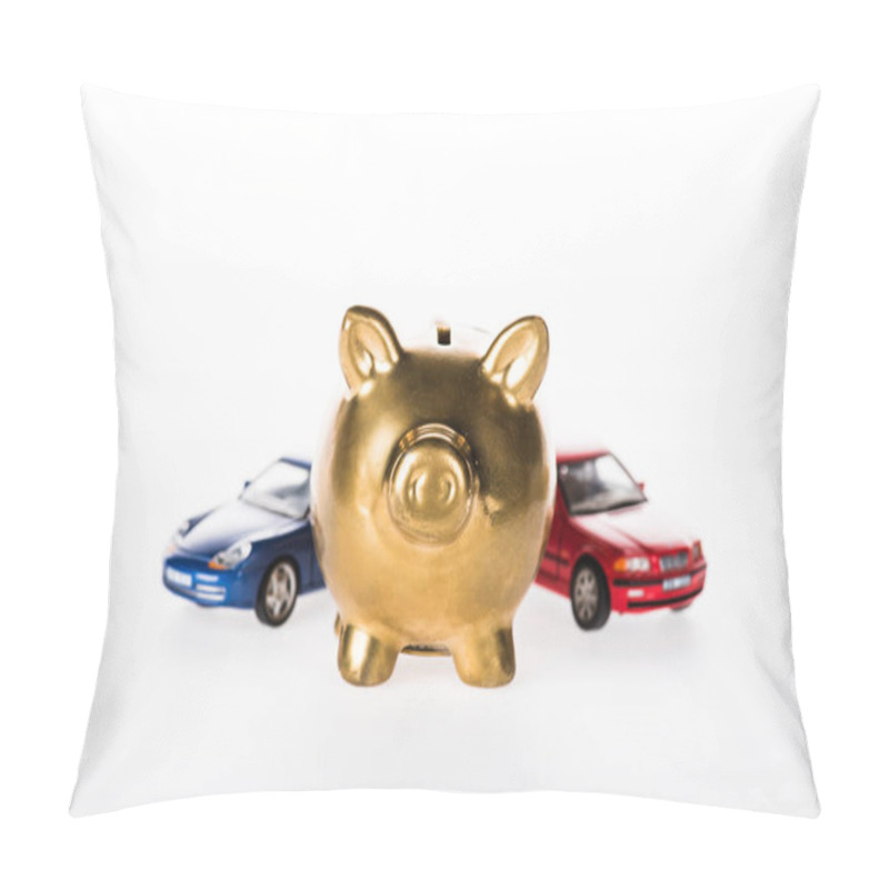 Personality  Close-up View Of Golden Piggy Bank And Small Cars Isolated On White Pillow Covers