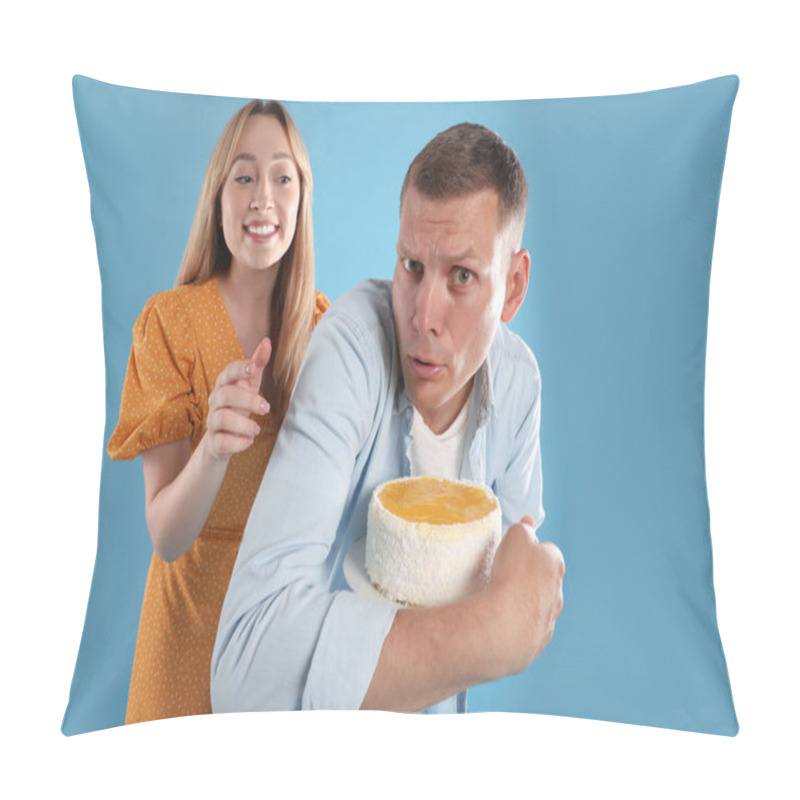 Personality  Greedy Man Hiding Tasty Cake From Woman On Turquoise Background Pillow Covers