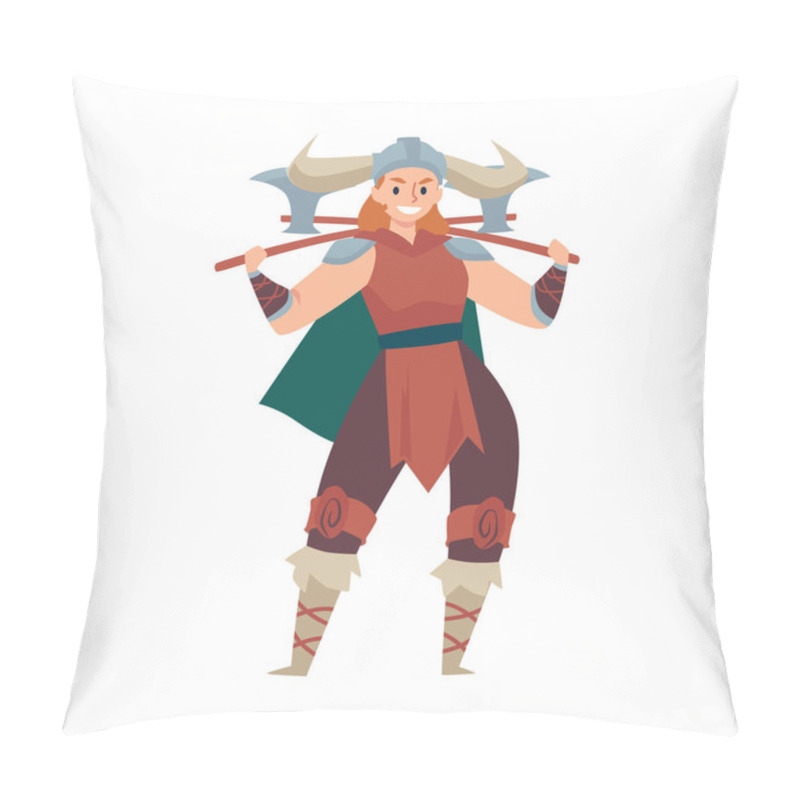 Personality  Viking Woman Warrior Armed With Axes, Flat Vector Illustration Isolated. Pillow Covers